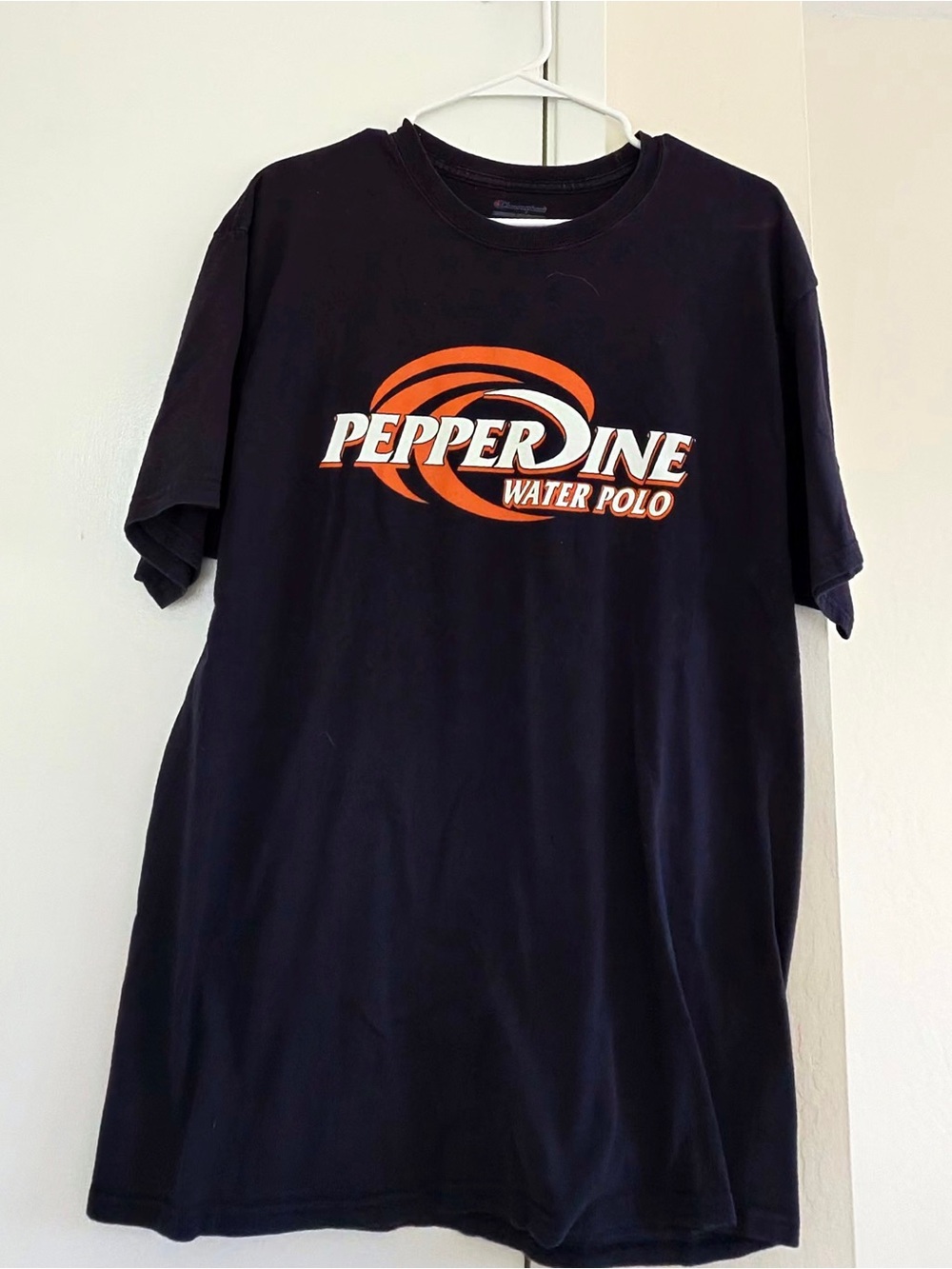Champion navy Tee with Orange Pepperdine Water Polo Logo